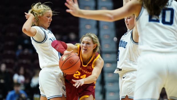Dec 18, 2022; Uncasville, Connecticut, USA; Iowa State Cyclones guard Ashley Joens (24) passes the ball against the Villanova Wildcats during the second half at Mohegan Sun Arena. Mandatory Credit: David Butler II-USA TODAY Sports